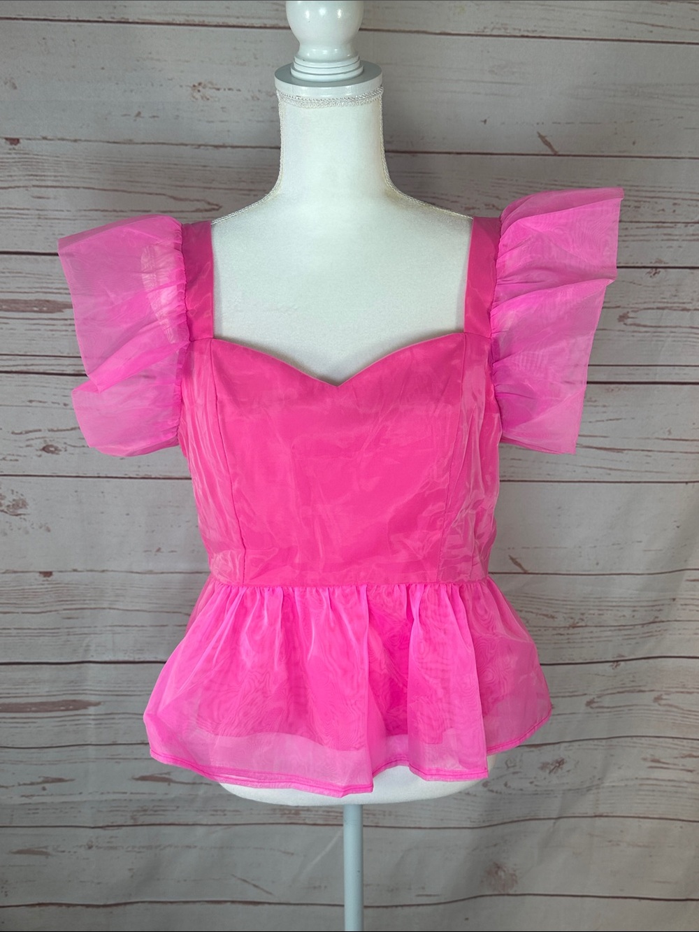 TCEC Pink Puff-Sleeve Peplum Top L